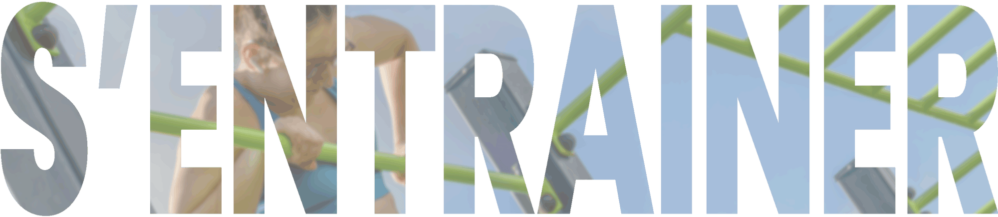 Image du texte s'entrainer avec en fond une photo d'une athlète réalisant un muscle up, mouvement de traction et dips au poids du corps.